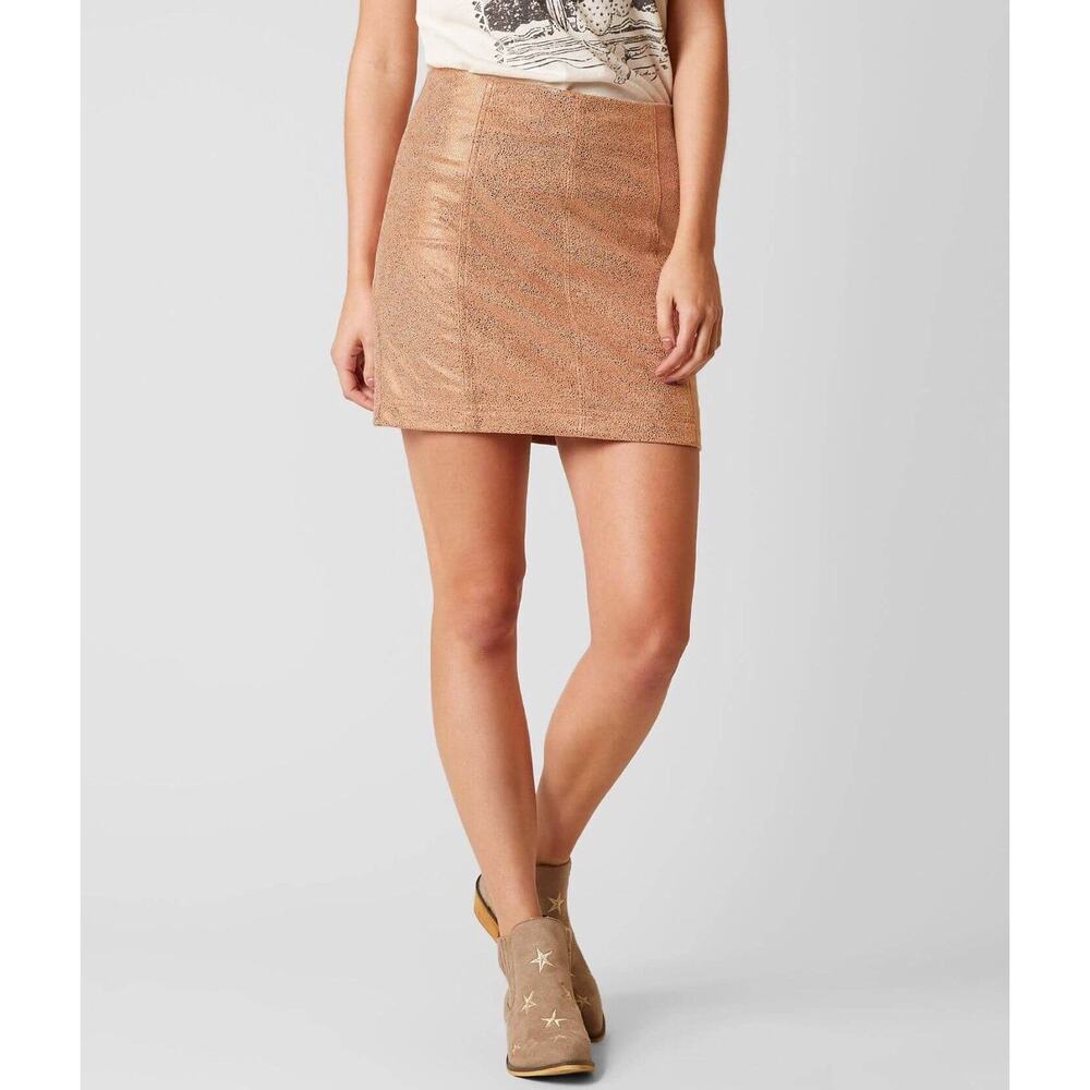 Free People Modern Femme Mini Skirt Shimmer Beige Bronze Zipper Closure Size 6